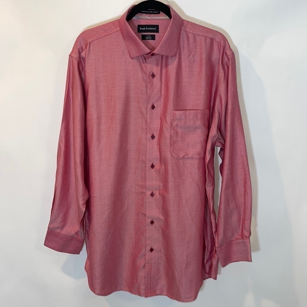 PAUL Fredrick Men’s Red Non-Iron Two Ply Cotton Button Down Dress Shirt 17 x 33